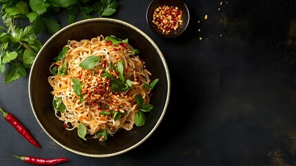 Appetizing bowl of steaming hot spicy noodles topped with vibrant chili flakes fresh herbs and ready to be enjoyed  Flat lay shot on a rustic wooden table with ample copy space