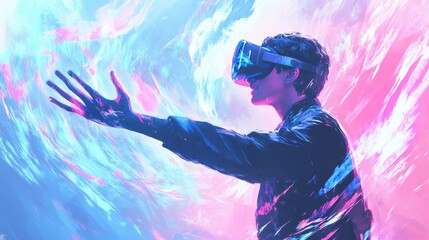 Person wearing a virtual reality headset reaches out in a digital landscape.