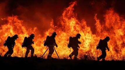 Fototapeta premium Silhouettes of five firefighters walking away from a blaze.