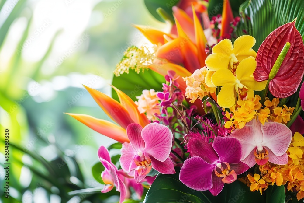 Poster a beautiful display of tropical flowers brings color to any setting with orchids, birds of paradise,
