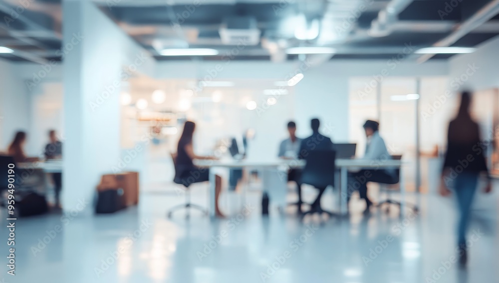 Poster blurred image of people working in a modern office.