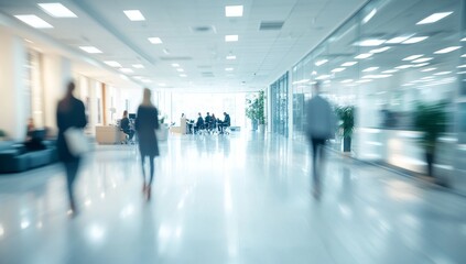 Blurred motion of people walking through a modern office building hallway.