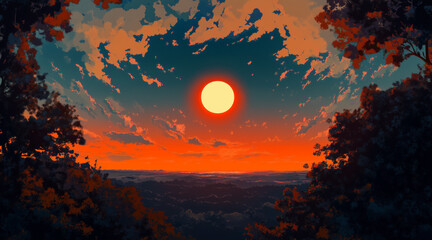 Anime concept sky sunset landscape background eclipse, ai. anime illustrations
