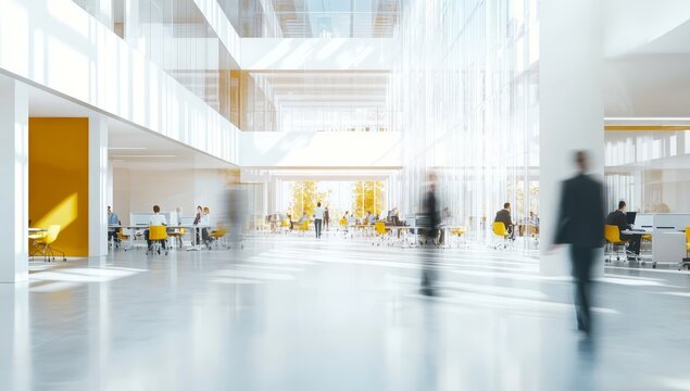 A blur of people walking through a modern office building.