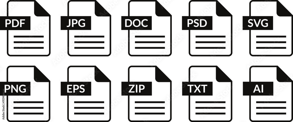 Poster file format symbols, web format information, file format extensions icon set vector illustration.