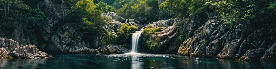 Tranquil waterfall cascading into an untouched woodland pool surrounded by lush greenery and rugged stones