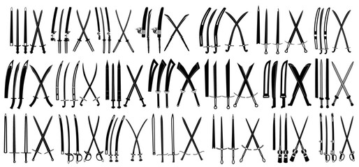 set trendy Fantasy knight Swords black silhouette icon. Elegant blade weapon. stylish saber symbol design vector illustration
