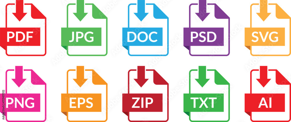Aufkleber file format download symbols, web format information, file format extensions icon set vector illustr