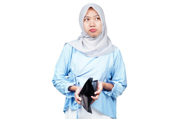 Unhappy hijab asian woman with wallet isolated transparent