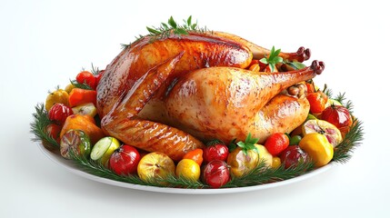 A beautifully presented roasted turkey on a platter, garnished with colorful vegetables and herbs, perfect for festive occasions.