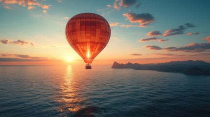 Fototapeta premium A hot air balloon soaring over the ocean at sunset.