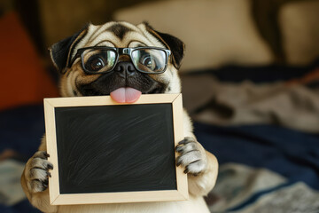 a curious pug wearing glasses to hold empty clean sign black board with copy space