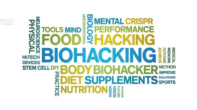 Biohacking animated word cloud;text design animation tag kinetic typography seamless loop.