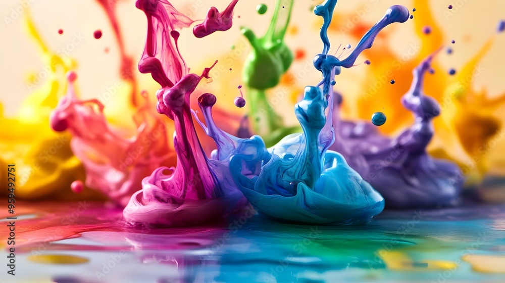 Poster captivating image of a colorful ink splash dispersing across a paper surface creating dynamic and vi