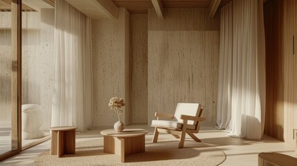 Minimalist Living Room Interior Design with Wooden Furniture and Natural Light.