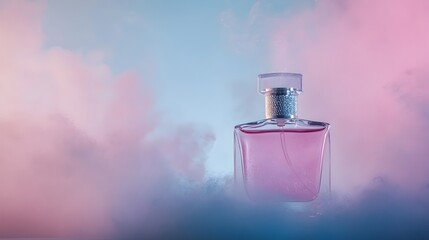 A photograph of a splash of perfume misting into the air creating a delicate cloud of droplets that fill the frame with a graceful ethereal atmosphere  The mist appears luminous and effervescent