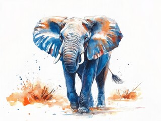 Watercolor Illustration of an Elephant in Blue and Orange Hues