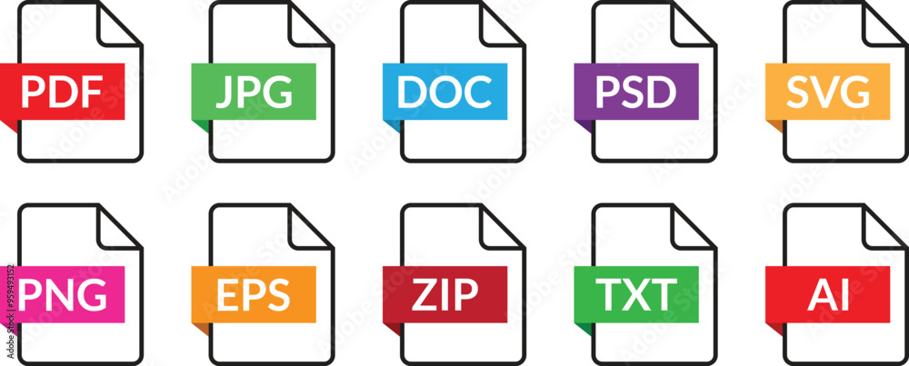 Poster file format colored symbols, web format information, file format extensions icon set vector illustration.