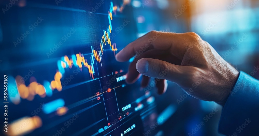 Poster Hand hovering over a glowing stock market chart on a monitor.