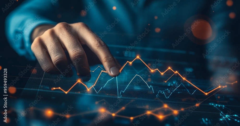 Aufkleber A hand interacts with a digital screen displaying a glowing orange graph against a dark blue background.
