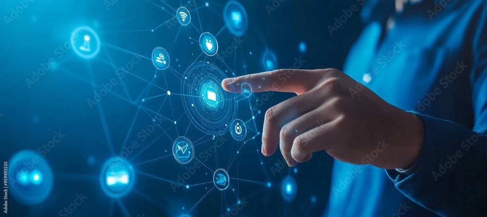 Poster a hand reaches out and touches an abstract network of glowing blue circles with various icons, repre