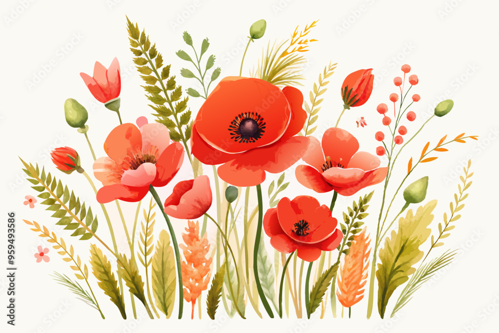 Canvas Prints red poppy flower set watercolor illustration isolated on white background