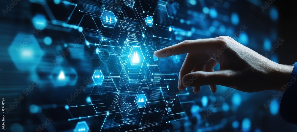 Poster Hand interacting with a digital interface with glowing hexagonal shapes.