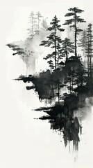 Black and white ink painting of a forest.