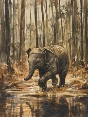 Fototapeta premium Watercolor Painting of an Elephant Calf in a Forest
