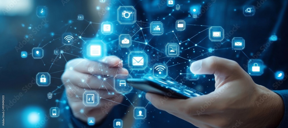 Aufkleber person holding smartphone with blue digital network connection and glowing icons.