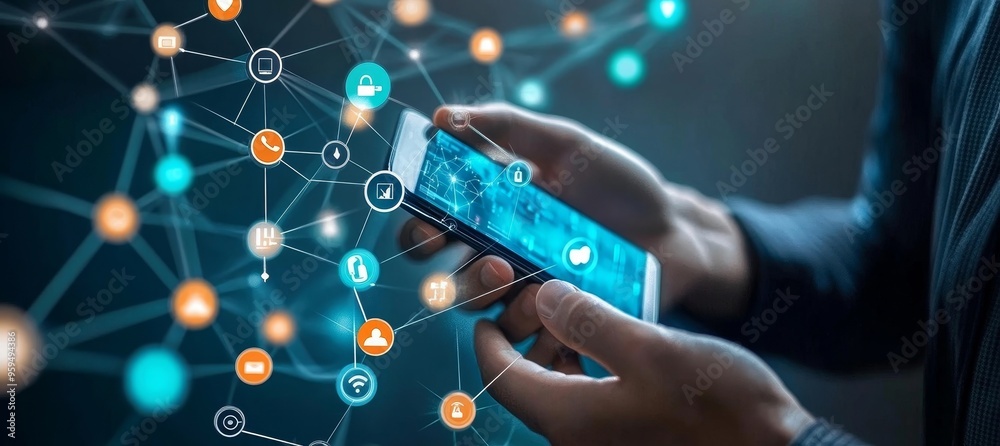 Poster hands holding smartphone with connected network icons.