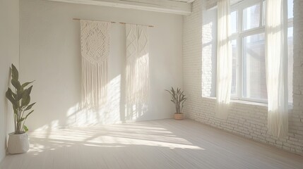 White Room Interior with Macrame Wall Hangings and Sunbeams
