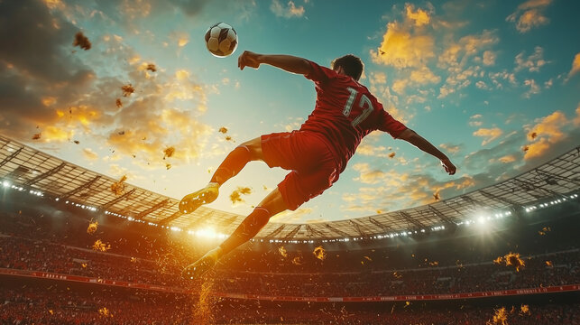 A professional soccer player performing a bicycle kick in mid-air, sunset in the background