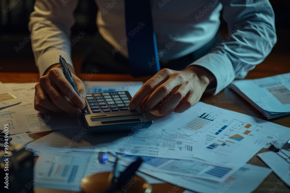 Aufkleber close-up of a businessman's hands using a calculator to work on financial data.