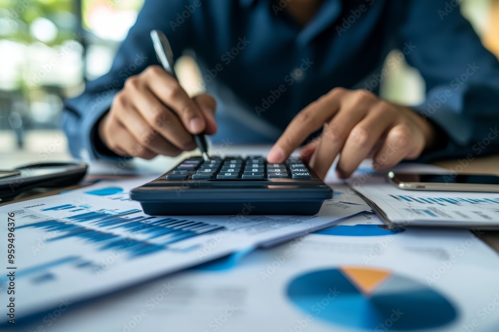 Poster Close-up of a person's hand using a calculator while looking at financial reports.