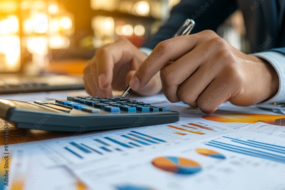 Poster A hand pressing a button on a calculator while reviewing financial graphs and documents.