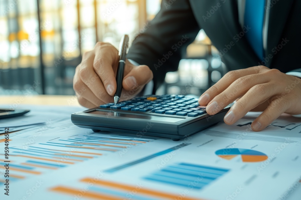 Aufkleber close-up of a businessman's hand using a calculator while reviewing financial data.