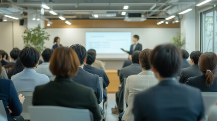 セミナー・研修・講義・授業をしている会場のシーン。たくさんのアジア人が参加している。