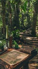 Mystical Forest Table with Candle and Book.