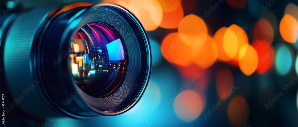 Poster Closeup of a camera lens with colorful bokeh in the background.