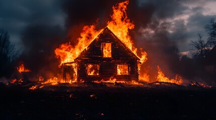 Isolated wooden home in a village set ablaze, entire structure collapsing into flames, nighttime horror, potential insurance investigation