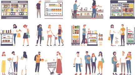 Set of different customers in a grocery store. People make purchases of food and drinks. Routine and household chores concepts. Vector flat illustrations on a white background