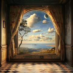 A surreal view of a seascape through a window in an old room.