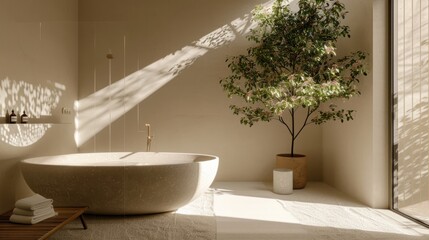 Minimalist bathroom with a freestanding bathtub and a plant in the corner.