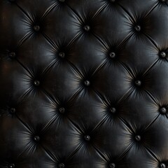 Close-up of black leather upholstery with button tufting.