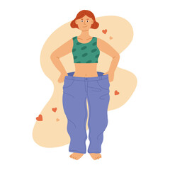 Vector illustration of a woman happy to be wearing big pants after successfully completing her diet