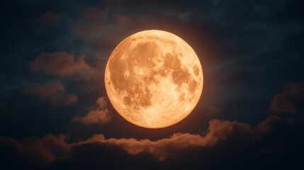 A glowing full moon illuminates the night sky, casting an enchanting glow over the clouds in a serene atmosphere.