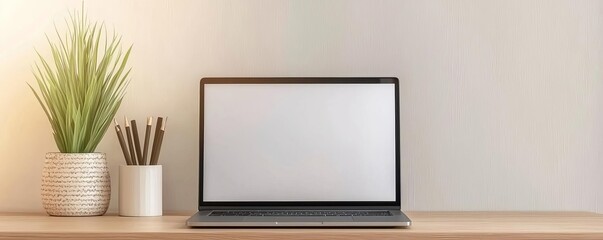 Green succulent plant in terracotta pot on white table with laptop in background.
