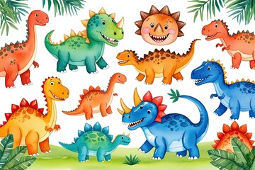 Fototapeta premium Sweet Watercolor Illustrations of Joyful Prehistoric Dinosaurs for Children