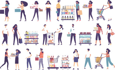 Set of different customers in a grocery store. People make purchases of food and drinks. Routine and household chores concepts. Vector flat illustrations on a white background